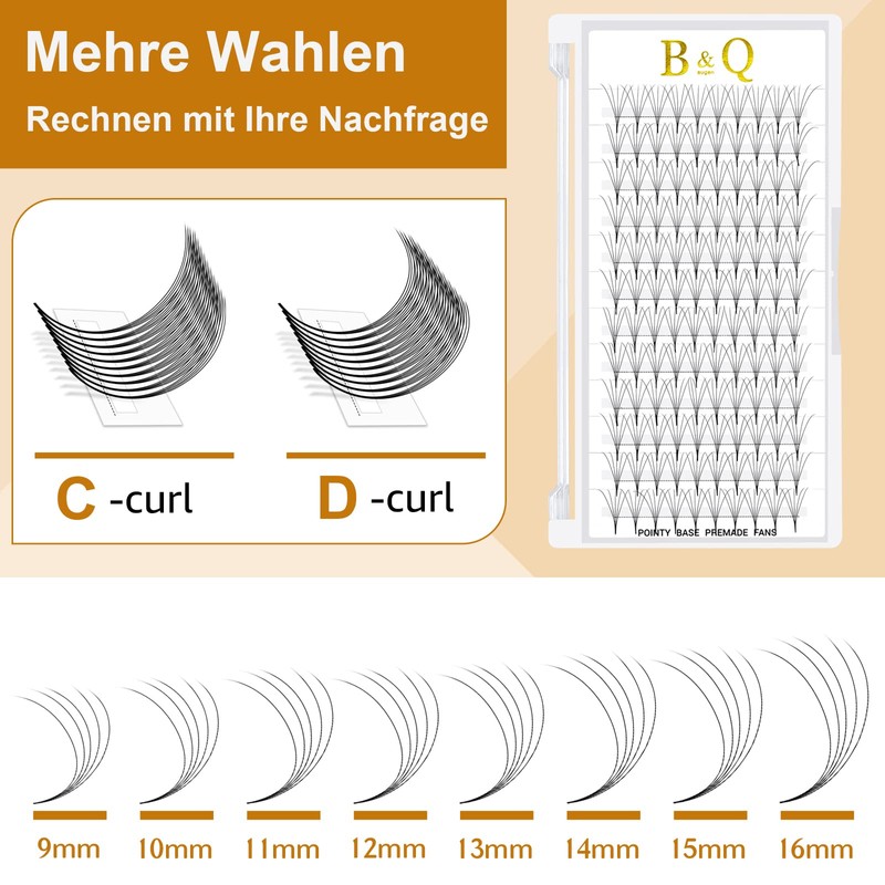 B&O Ready-to-Use Fan Eyelashes, 5D-D-0.07-12, Pointed Base, Eyelash Extensions, 3D,
