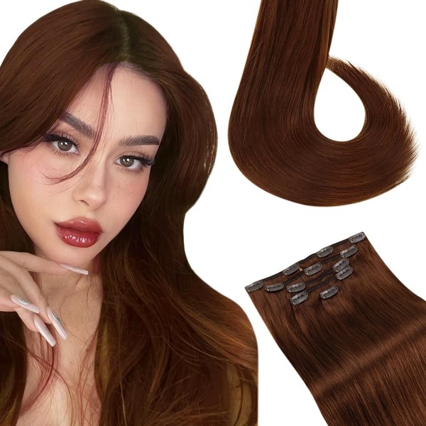 LaaVoo Clip-In Real Hair Extensions, 80 g, 5 Pieces, 30 cm, Auburn Brown, Straight Hair Clip Extensions, Real Hair, Red Brown, Clip in Hair Extensions, Real Hair Extensions