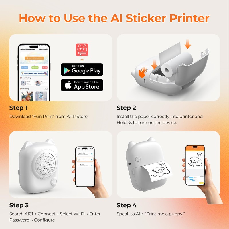 RayCue Printy AI Mini Voice-Control Printer, Kid-Safe AI Sticker Printer
