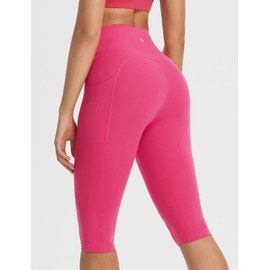 baleaf Knee Length Capri Leggings with Pockets for Women Workout Yoga Capris Pants Tummy Control Casual Exercise Pink M
