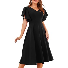 Bridesmay Black Dresses for Women Flared Sleeve Vintage Cocktail Dresses Modest Church Dresses Midi Women's Wear to Work Dresses Black L