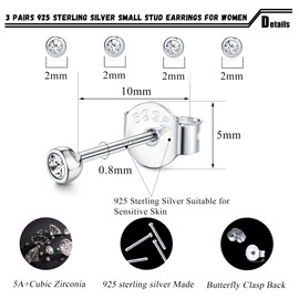 JeweBella 4 Pairs of Stud Earrings 925 Silver Women's Small Round Zirconia Earrings Set Hypoallergenic Cartilage Tragus Stud Earrings Set for Girls Men Silver/Gold/Rose Gold 2/3 mm Jewellery, Sterling