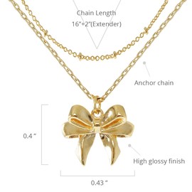 MUSTHAVE 18K Gold Plated Dual Chain Sweet Bow Necklace, Lovely, Message Card, Necklace for Women, Simple, Dainty, Anchor Chain, 16+2 inch Extender (Yellow Gold)