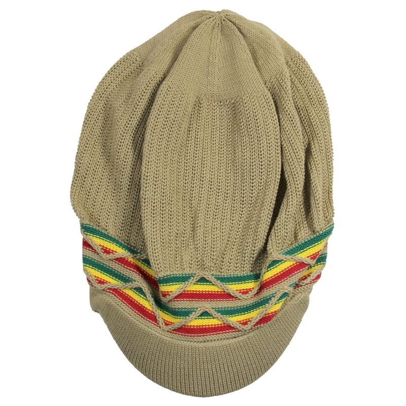 RW 100% Cotton Rasta Dreadlock Wave Beanie Visor (Khaki/Rasta), One