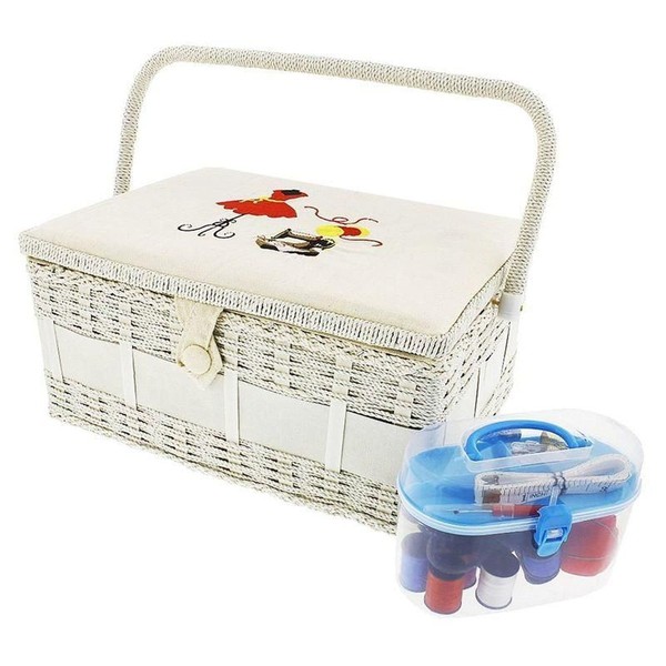 Vintage Sewing Basket Organizer Box Kit with Supplies and Notions Accessories, 13 x 9.5 x 6 in