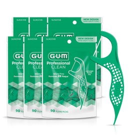 GUM Professional Clean Floss Picks - Extra Strong Shred-Resistant Floss, Easy Grip Handle - Dental Flossers for Adults - Fresh Mint Flavor, 90 Count (Pack of 6)