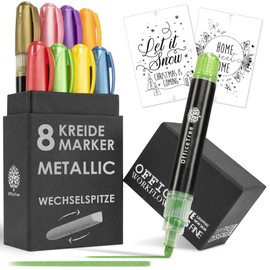 OfficeTree 8 x Metallic Chalk Markers - 1 mm to 6 mm Interchangeable Tips - Chalk Pens for Blackboard Washable - Chalk Pens for Windows - Window Chalk Pens - Washable Children