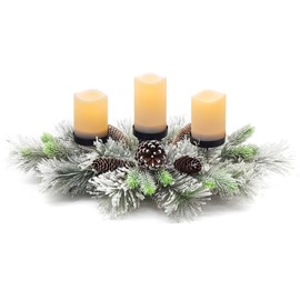 BAYN Christmas Centerpiece Table Decorations, Handcrafted Snowy Pine Cones and Pine Needles with 3 Candle Holders for Dining Table Fireplace Mantel - 27.5 in