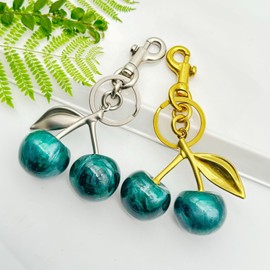 Xansema Cherry Bag Charms,Cute Cherry Keychain Purse Charms for Handbags, Glitter Charms Cherry Accessories for Women Girls (Gold Clip-Emerald Green)