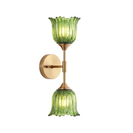 BYOLIIMA 2-Lights Gold Wall Sconce with Green Glass Shades Modern Mid Century Bathroom Vanity Wall Light Fixtures Industrial Brushed Brass Wall Lamp for Bedroom Mirror Living Room