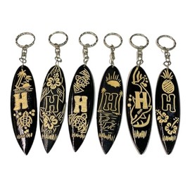 Hand Carved Initials & Hawaii w/Floral & Ocean Animal Designs Keychains, Set of 6, on a Black/Cream Wood Color Surfboard (Letter H)