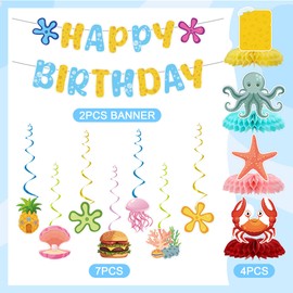 Yellow Cartoon Birthday Party Decorations, Under The Sea Party Supplies, Happy Birthday Banner, Swirl & Marine Life Honeycomb, Fun Photo Background Props for Boys & Girls
