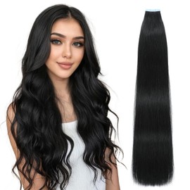 Lveyan Tape in Hair Extensions Human Hair, 24 Inch Jet Black Remy Human Hair for Women Skin Weft 20pcs 50g/pack Invisible Tape in Hair Extensions (#1, 24 Inch)