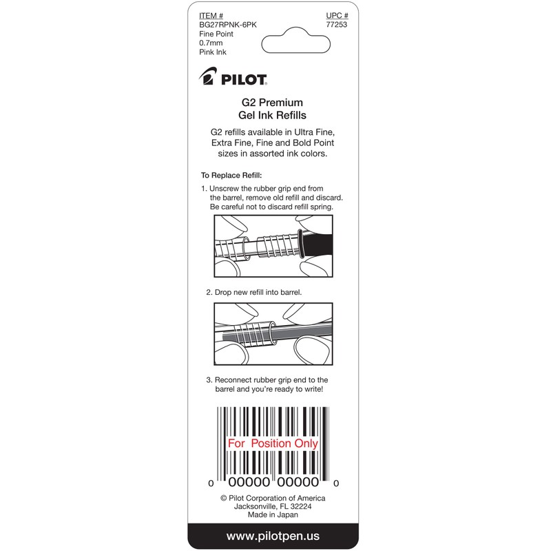 Pilot, G2 Gel Ink Refills, Fine Point 0.7 mm, Pink,