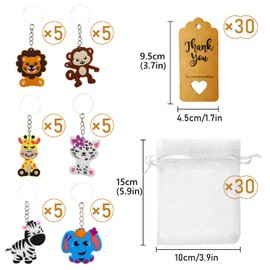 MEIYIFAN 30 Sets Baby Shower Party Favour Animal Key Chain, 30 Keyrings for Children, 30 Organza Bags, 30 Thank You Tags for Children, Wedding, Birthday