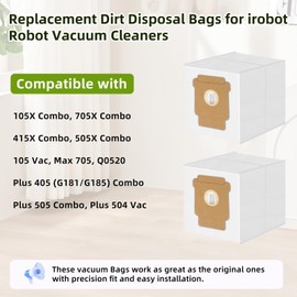Paquete de 12 bolsas de polvo al aspiradora de repuesto para iRobot Roomba Q0520, 104/105 Combo, Plus 405/504/505 Combo, Max 705 Vac Robot Clean Base Bolsa de eliminación automática de suciedad