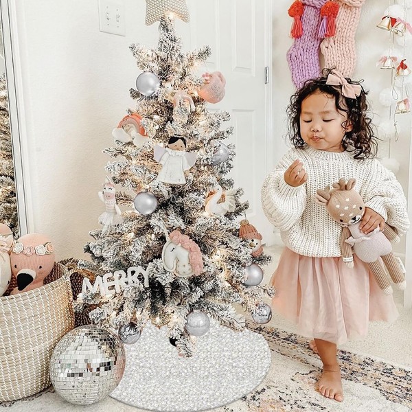 White Boho Christmas Tree Skirt 30in, Elegant Chic Fall Sparkly