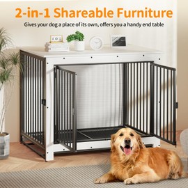 Derfullo Dog Crate Furniture, Large Dog Crate Furniture, Wooden Cage Kennel Furniture Indoor, Modern Dog Crate with Multi-Purpose Removable Tray, Double-Doors Dog Furniture, End table dog crate, White