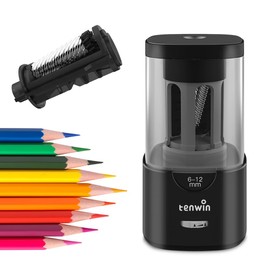 Tenwin Electric Pencil Sharpener, Pencil Sharpener, AC Adapter, 0.2-0.5 inch (6-12 mm) Pencils, Colored Pencils, Anti-Sharpener, Anti-Sharpener, Lead Tip Adjustment Function, For Kids, Schools, Office