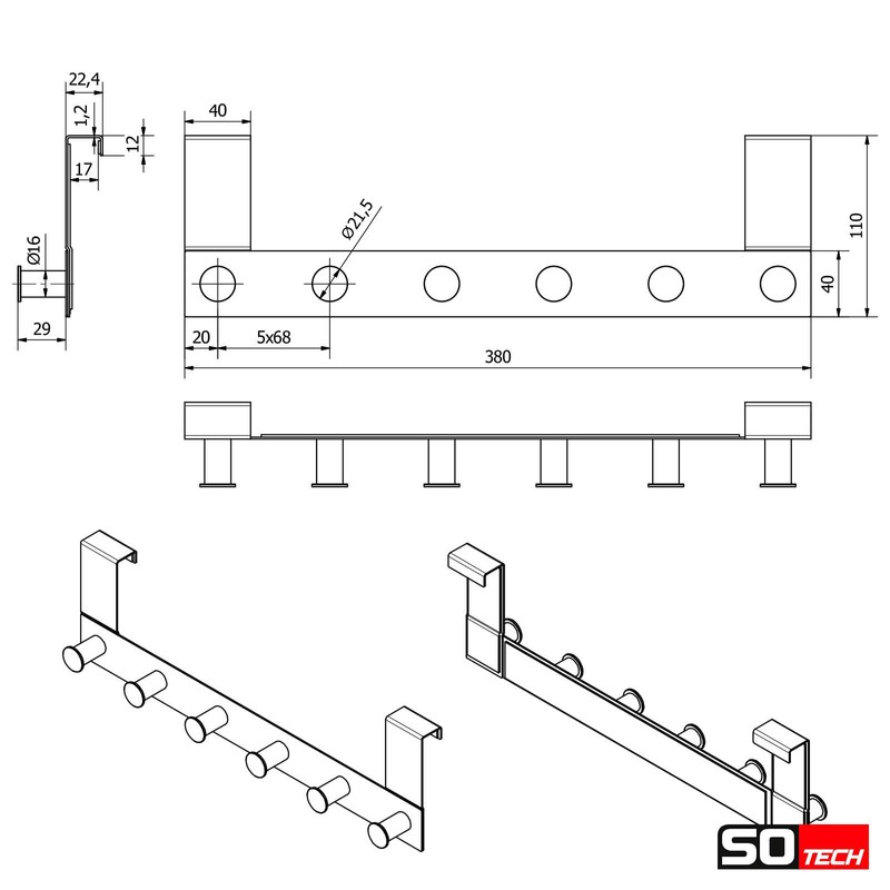 SOTECH Linea I Door Coat Rack (Stainless Steel Black Matt,
