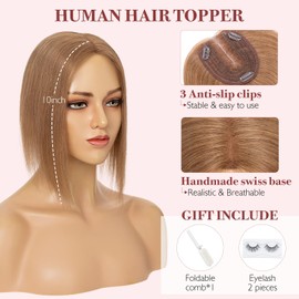S-noilite Hair Toppers for Women 100% Real Human Hair, 10x12 Upgrade Base Golden Brown Clip in Hair Toppers for Women No Bangs 10inch 35g #Golden Brown