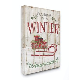 Stupell Industries Winter Wonderland Red Sleigh Wood Texture Christmas Word Design Canvas, 16 x 20, Multi-Color