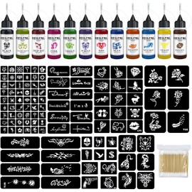 Kit de tatuajes temporales con 12 colores de tinta, kit de 111 plantillas para pintura corporal y tatuajes falsos, ideal para fiestas de arte y pintura para mujeres y hombres.