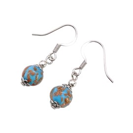 Murano Glass Earrings, Dropper Earrings, Murano Glass Bead Earrings, Handmade Glass Earrings, Dainty 0.8cm/8mm Diameter, Murano Glass Jewellery, Aventurine Glass Earrings (MGE10) (Silver Blue)