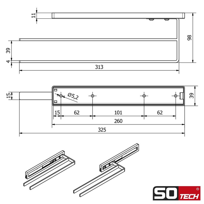 SOTECH Style 2-Arm Towel Rail 325 mm Extension Distance 145