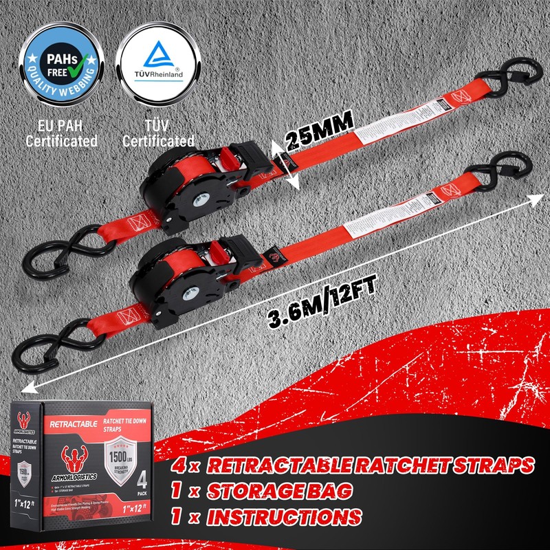 ARMORLOGISTICS Retractable Ratchet Straps 4 Pack, 1 in x 12