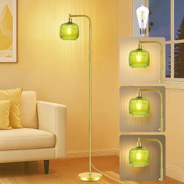 Ivyemons Modern Glass Floor Lamp for Living Room, Dimmable Mid Century Standing Lamp with Green Ribbed Glass Shade, 67”Tall Lamps for Bedroom Study Room Office Brushed Gold（2700K LED Bulb Included）