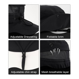 Zylioo Oversize UV Boonie Sun Hat,XXL Quick Dry Fishing Hat,Large Cool Summer Hat with Strap,Breathable Hiking Hat Black