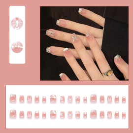 BQZQPAMZ Butterfly Square Fake Nails Medium Length French Tip Press Nails Glitter Full Coverage Acrylic False Nails Gloss Glue on Nails for Women DIY Spring Manicure Decoration Supplies