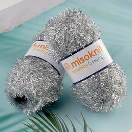 Misoknit Pastel Scrubby Yarn for dishcloths Crocheting 2 Skeins Polyester 100%, 2.8oz(80g) Each, 196 Yards per Skein (Metallic Silver)