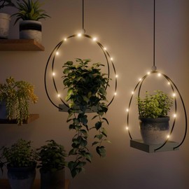 Hanging Planters for Indoor Plants 2 Pack - Macrame Plant Hanger with LED String Lights & Wooden Shelf Base, Boho Wall/Ceiling/Window Decor for Floating Greenery Display