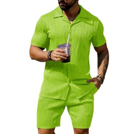 URRU Men Summer Outfits 2 Piece Short Sets Short Sleeve Casual Button Down Fashion Beach Set Fluorescent Green XL