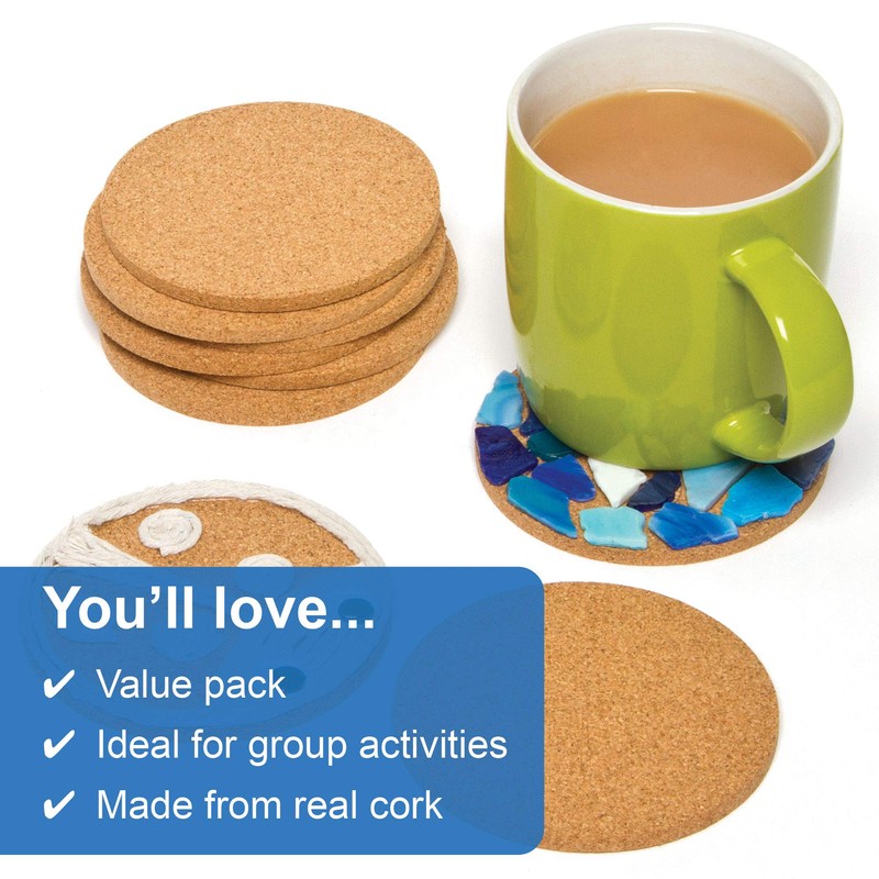 Baker Ross Cork Coasters Class pack. Round, Plain Cork Coasters,
