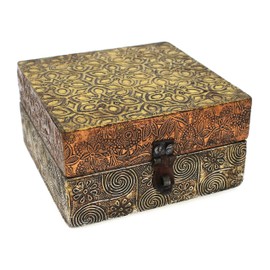 TEMPELWELT Wooden Box India 11 x 11 x 6 cm Wooden Box Brass Copper Platinum Plated Ornaments Ornaments Treasure Chest Jewellery Box Box with Hinged Lid