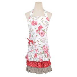 Surblue Kitchen Aprons for Women with 2 Pockets, Organic Cotton,Extra-Long Tie, Vintage Ruffle Floral Apron for Cooking, Baking, BBQ and Gardening, Style Diana, Floral Red, Adult