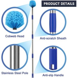 Extended Reach Cobweb Duster with 8-Foot Pole - Medium Bristle Brush for Ceiling, Wall, and Indoor/Outdoor Cleaning, Lightweight Stainless Steel (4FT)