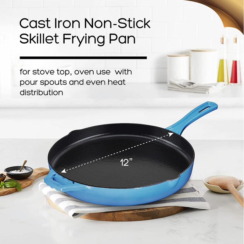 Bruntmor 12'' Blue Pre-seasoned Cast Iron Frying Pan, 12 Inch