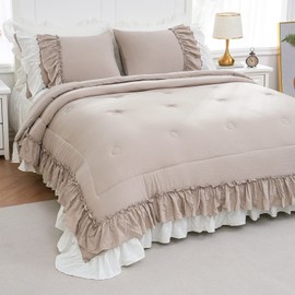 Shabby Chic Bedding Set Boho King Size Comforter Set 2 Layers Ruffles Bedroom Home Decor Ultra Soft Microfiber Taupe Bed Set Farmhouse Down Comforter Bohemian White Ruffled Quilt Set for Girls Women…