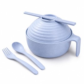 Syaonrst Microwave Ramen Bowl with Utensil Box - 1 Set Noodle Cooker with Handle Dishwasher Safe Wheat Straw Instant Ramen Cooker Set for College Dorm Room (Blue)