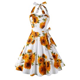 Topdress Women's Vintage Polka Audrey Dress 1950s Halter Retro Cocktail Dress White Sunflower M