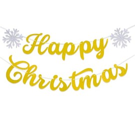 Gidobo Happy Christmas Banner, Gold Glittery Merry Christmas Banner Bunting with Snowflakes for Winter Chrsitmas Eve Party Holiday Wonderland Window Ceiling Home Decorations