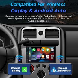 Upgrade 7 inch Double Din Car Stereo for Wireless Carplay & Android Auto with Voice Control,Bluetooth5.2 MirrorLink, Car Radio with Backup Camera,Touch Screen SWC/USB/SD AM/FM/AUX