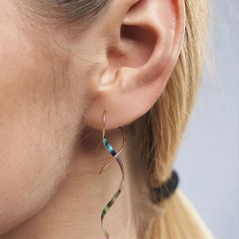 Spiral Threader Earrings, Stainless Steel Drop Dangle Handmade Twisted Linear Curved Dangling Minimal Earrings (Rainbow)