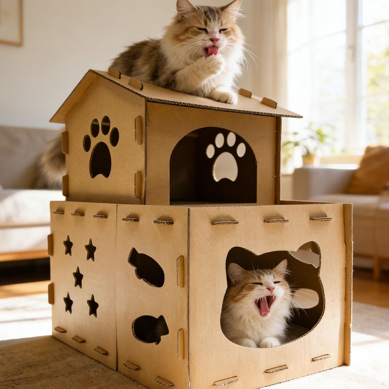 25 Inch Two Level Cardboard Cat Scratcher House, 2-in-1 Multi-Level