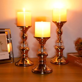 OwnMy Set of 3 Rose Gold Metal Pillar Candlestick Holders Brass Pillar Candle Holders for 3 Inch Candles, Elegant Metal Crystal Candle Stands for Dining Table, 6.7"+8.3"+9.3" Height Set