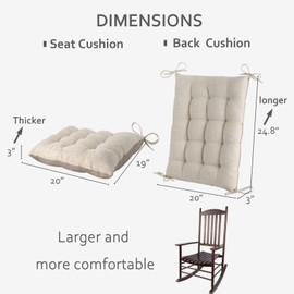 ELFJOY Extra Large Rocking Chair Cushion Non-slip Linen Chair Pads Thick Back and Seat Cushion 2 Piece Set with ties